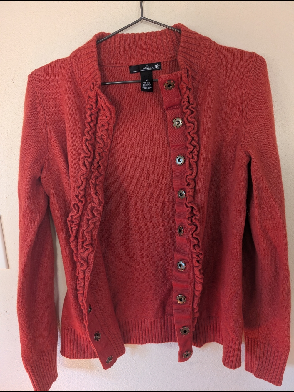 Willi Smith Coral Ruffled Button-Front Women's Cardigan Sweater M